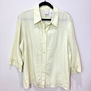 Emma James Linen Button Up Top Light Yellow Women's 16W Lace Trim Lagenlook